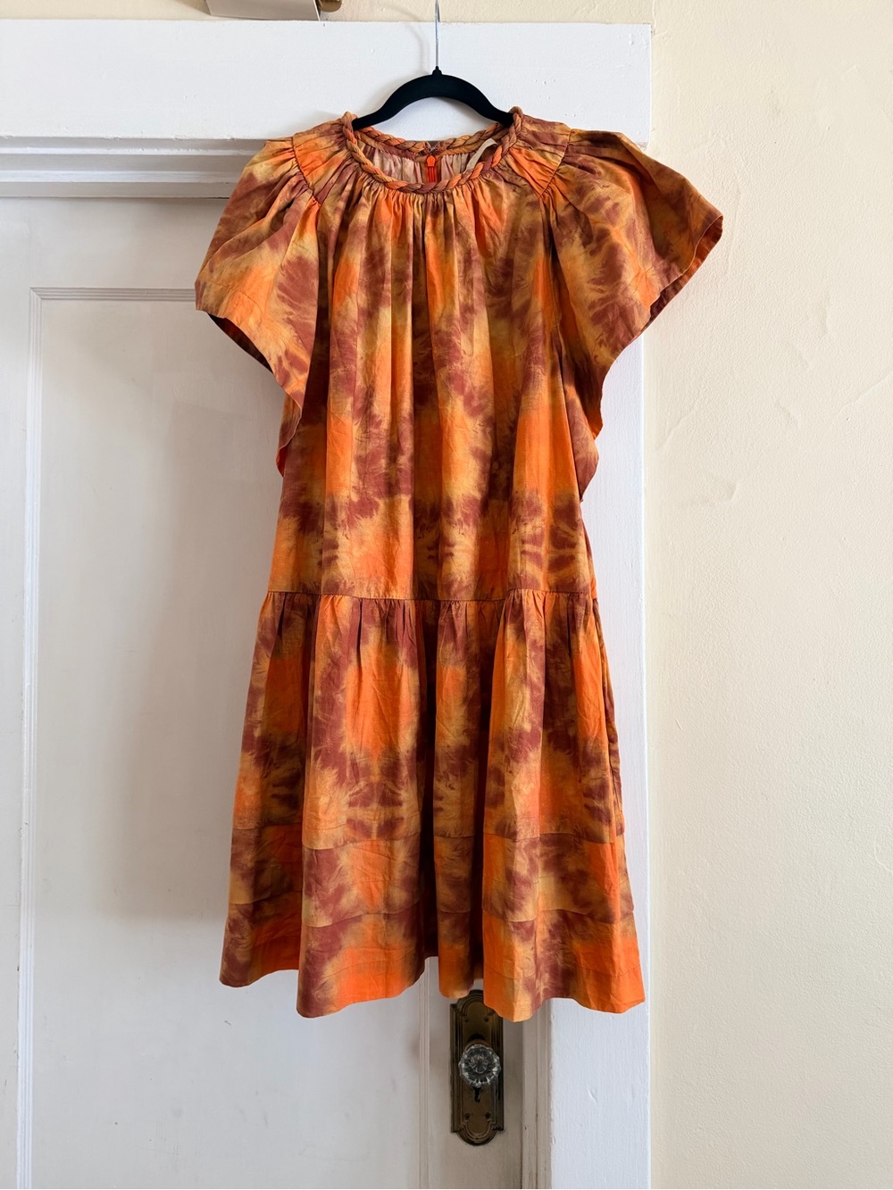 Ulla Johnson Orange Rust Tie Dye Cotton Tiered Midi Dress Size 14